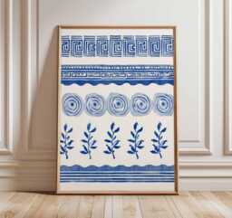 Blue Greek Pattern Art Print, Wall Art, Hellenic Geometric Poster, Mediterranean Decor, Ancient Greece Inspired Print - thumbnail 1