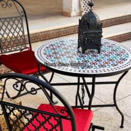 Moroccan Round Indoor/Outdoor Zellige Tile Table - 4 Wrought Iron Chairs - thumbnail 3