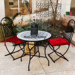 Moroccan Round Indoor/Outdoor Zellige Tile Table - 4 Wrought Iron Chairs - thumbnail 2