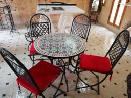 Moroccan Round Indoor/Outdoor Zellige Tile Table - 4 Wrought Iron Chairs - thumbnail 1