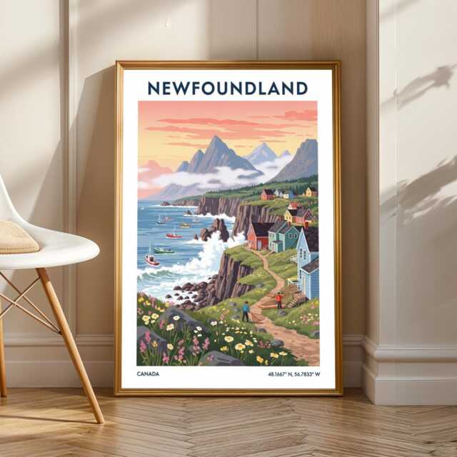 Newfoundland Coastline Poster - Blue & Green Pink Yellow Art - Canadian Landscape Illustration Travel For Living Room - image 1