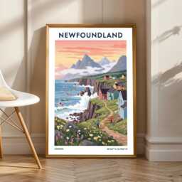 Newfoundland Coastline Poster - Blue & Green Pink Yellow Art - Canadian Landscape Illustration Travel For Living Room - thumbnail 1