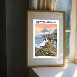 Newfoundland Coastline Poster - Blue & Green Pink Yellow Art - Canadian Landscape Illustration Travel For Living Room - thumbnail 3