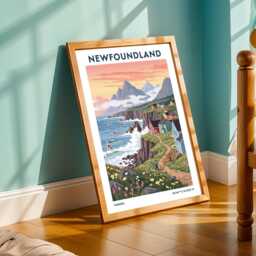 Newfoundland Coastline Poster - Blue & Green Pink Yellow Art - Canadian Landscape Illustration Travel For Living Room - thumbnail 2