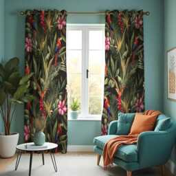 Black Tropical Curtains With Parrots & Flowers, Custom Size Jungle Botanical Drapes For Living Room Or Bedroom, Vibrant Exotic Style - thumbnail 2