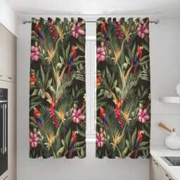 Black Tropical Curtains With Parrots & Flowers, Custom Size Jungle Botanical Drapes For Living Room Or Bedroom, Vibrant Exotic Style - thumbnail 3
