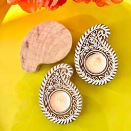 Set Of 3 Handmade Wooden Paisley Design Tealight Candle Holders For Rustic Home Decor Block Print Boho Candle Holder Festive Wood Decor - thumbnail 2