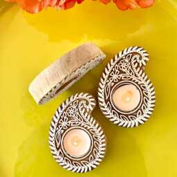 Set Of 3 Handmade Wooden Paisley Design Tealight Candle Holders For Rustic Home Decor Block Print Boho Candle Holder Festive Wood Decor - thumbnail 3