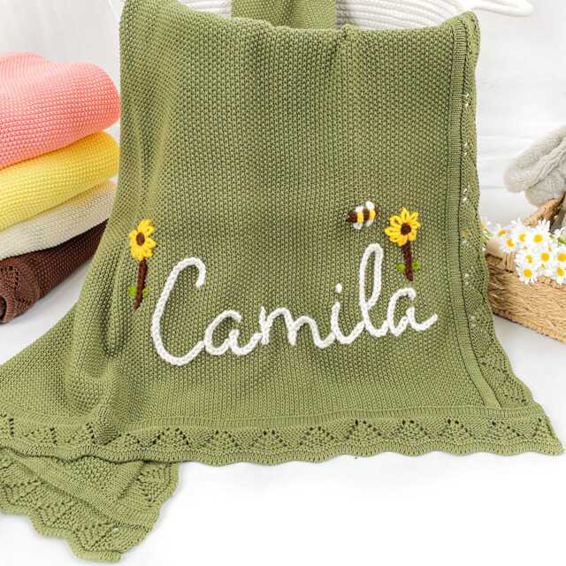 Personalized Cotton Baby Blanket, Custom Name Knit Blanket With Embroidery, Newborn Gift, Shower Nursery Decor - image 1