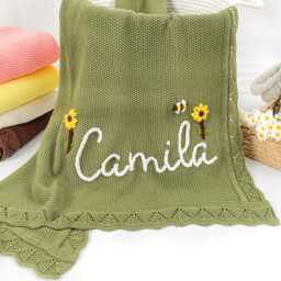 Personalized Cotton Baby Blanket, Custom Name Knit Blanket With Embroidery, Newborn Gift, Shower Nursery Decor