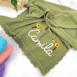 Personalized Cotton Baby Blanket, Custom Name Knit Blanket With Embroidery, Newborn Gift, Shower Nursery Decor - thumbnail 3