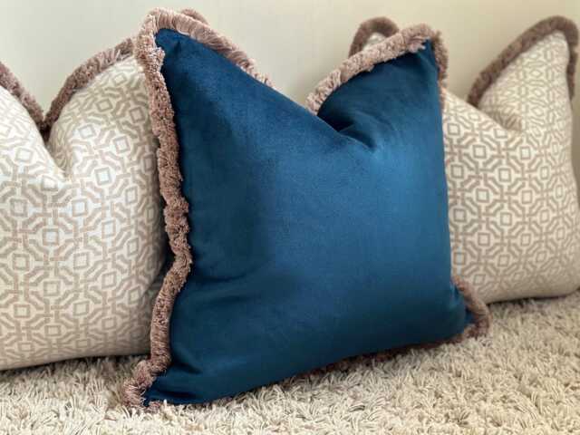 Blue Velvet Fringed Cushion Cover - Customisable Fringe Colour All Sizes - Pacific - image 1