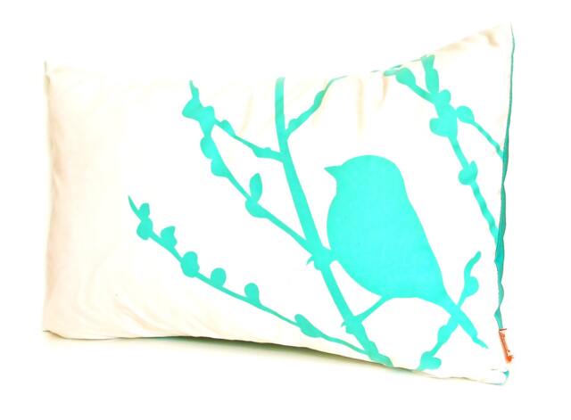 Aqua Blue Print On Off White Cotton Bird Cherry Blossom Pillow - image 1