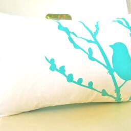 Aqua Blue Print On Off White Cotton Bird Cherry Blossom Pillow - thumbnail 3