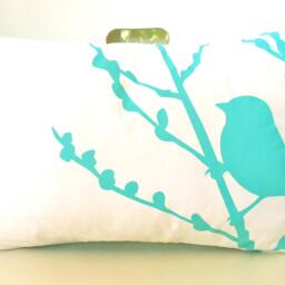 Aqua Blue Print On Off White Cotton Bird Cherry Blossom Pillow - thumbnail 2