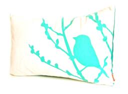 Aqua Blue Print On Off White Cotton Bird Cherry Blossom Pillow - thumbnail 1