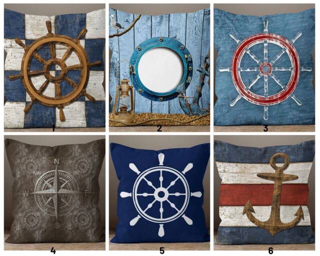 Nautical Cushion Cover-Blue Anchor Pillow Case-Rope Sea Case-Coastal Cover-Gift For Her Cushion-Handmade Material - image 1