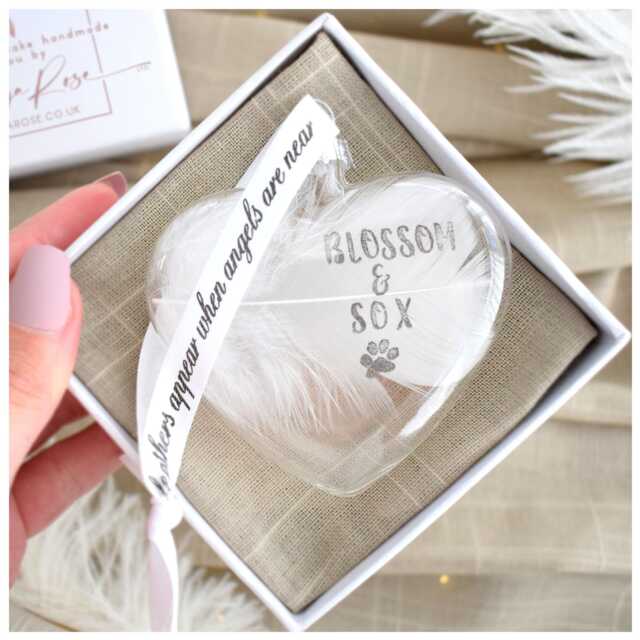 Gift Boxed Personalised White Feather Memorial Bauble. Name/Date Stamped. Glass Heart Funeral Sympathy Keepsake Memento - image 1