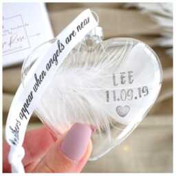 Gift Boxed Personalised White Feather Memorial Bauble. Name/Date Stamped. Glass Heart Funeral Sympathy Keepsake Memento - thumbnail 2