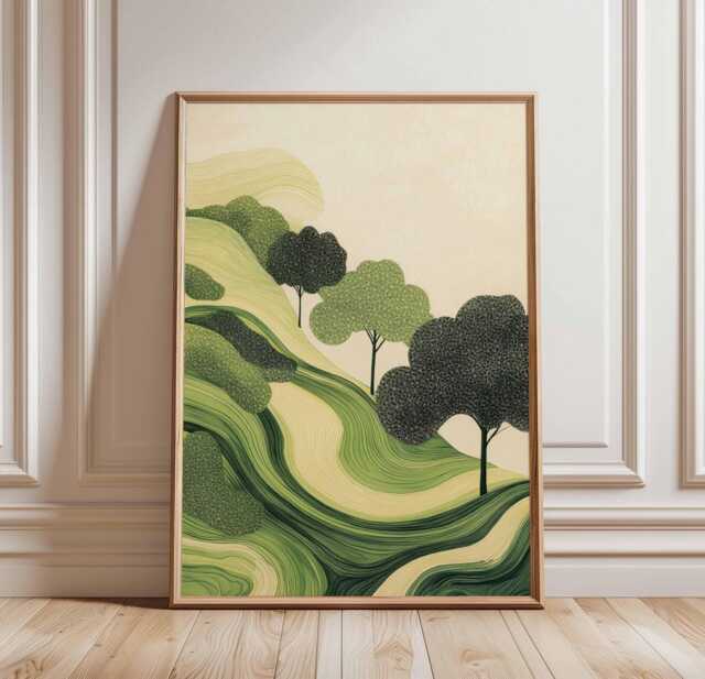 Green Abstract Landscape Poster, Modern Nature Art Print, Rolling Hills & Trees, Minimalist Botanical Wall Decor, Artwork - image 1