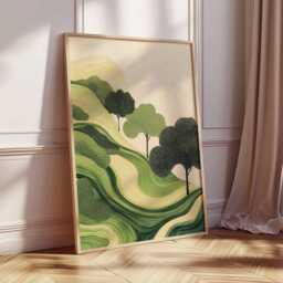 Green Abstract Landscape Poster, Modern Nature Art Print, Rolling Hills & Trees, Minimalist Botanical Wall Decor, Artwork - thumbnail 2