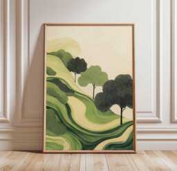Green Abstract Landscape Poster, Modern Nature Art Print, Rolling Hills & Trees, Minimalist Botanical Wall Decor, Artwork - thumbnail 1