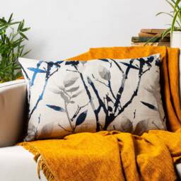 Bamboo Garden Xl Rectangular Cushion. Navy Blue & Charcoal Grey Japanese Inspired Design. 23X15