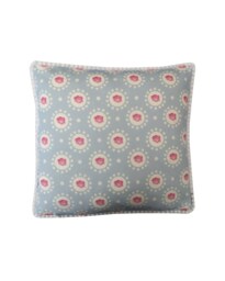 English Country Rose Throw Pillow Cover Blue Floral Pompom Trim - thumbnail 1