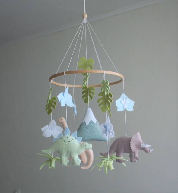 Felt Dinosaur Baby Mobile Dino Nursery Decor With Flowers, Mom-To-Be Gift - image 1