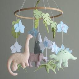 Felt Dinosaur Baby Mobile Dino Nursery Decor With Flowers, Mom-To-Be Gift - thumbnail 3