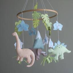 Felt Dinosaur Baby Mobile Dino Nursery Decor With Flowers, Mom-To-Be Gift - thumbnail 2