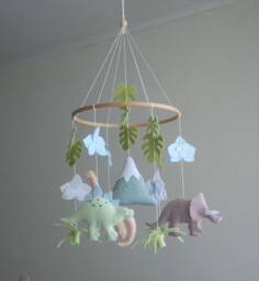 Felt Dinosaur Baby Mobile Dino Nursery Decor With Flowers, Mom-To-Be Gift - thumbnail 1