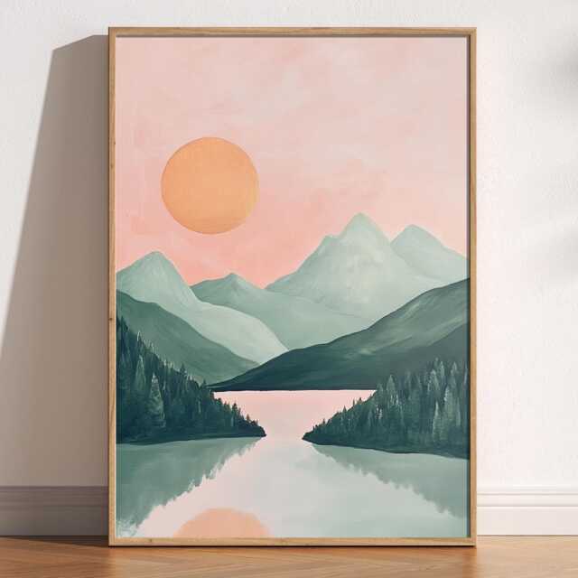 Mid Century Sun & Mountains Art Print Retro Landscape Poster - image 1