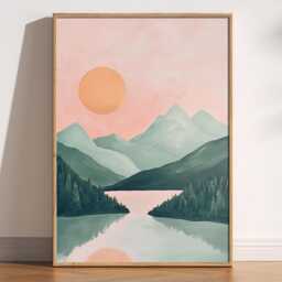 Mid Century Sun & Mountains Art Print Retro Landscape Poster - thumbnail 1