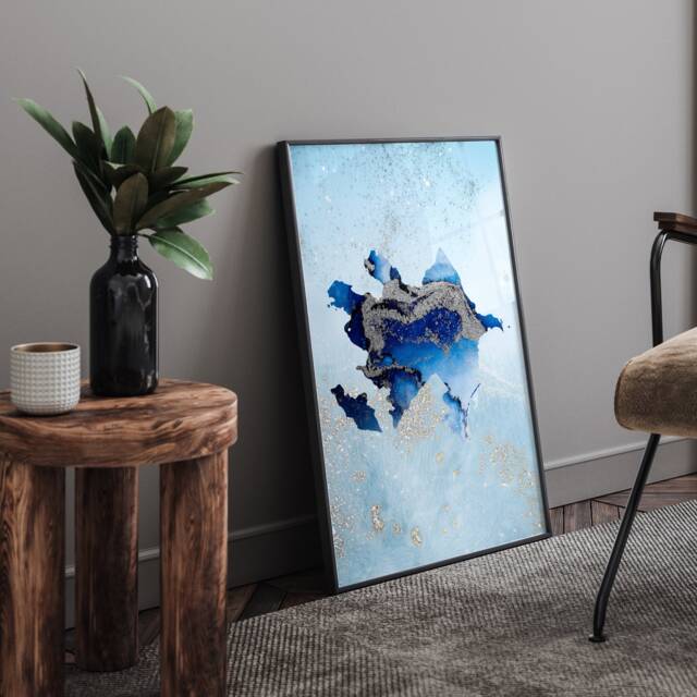 Azerbaijan Map Shades Of Blue & Silver Wall Art Print - image 1