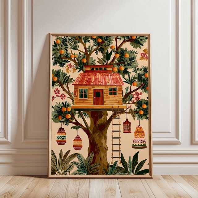 Tree House Poster, Forest Wall Art Print, Adventure Decor, Kids Room Gift, Nature Print - image 1