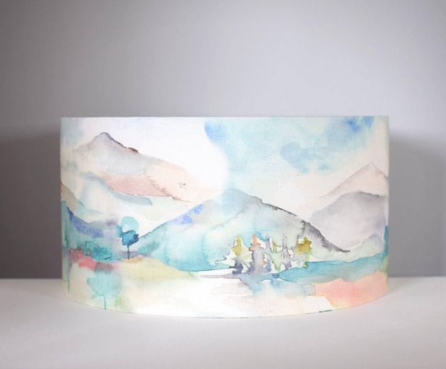 Mountain Lampshade, Gold Silver Or White Lining Option, Table Ceiling Watercolour Print Pattern, Handmade By Vivid Shades - image 1