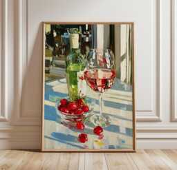 Ros?? Wine Poster, Strawberry Table Print, Kitchen Wall Art