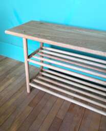 Solid European Oak Bench, Double Dowel Shoe Shelves, Scandinavian Design Seating - thumbnail 1