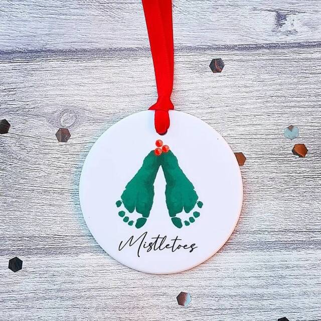 Mistletoes Personalised Baby Foot Print Ornament. Baby First Christmas - image 1