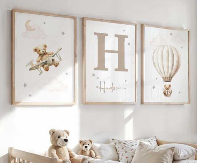 Set Of 3 Personalised Teddy Bear Nursery Prints, Bedroom Wall Art, Neutral Beige Nursery, Name Print - image 1
