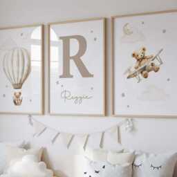 Set Of 3 Personalised Teddy Bear Nursery Prints, Bedroom Wall Art, Neutral Beige Nursery, Name Print - thumbnail 3