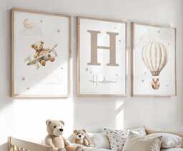 Set Of 3 Personalised Teddy Bear Nursery Prints, Bedroom Wall Art, Neutral Beige Nursery, Name Print - thumbnail 1