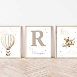 Set Of 3 Personalised Teddy Bear Nursery Prints, Bedroom Wall Art, Neutral Beige Nursery, Name Print - thumbnail 2