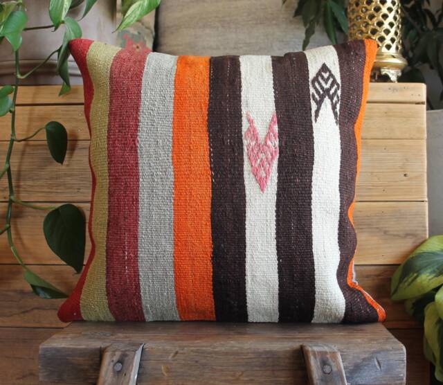 40cm - 16Inch Vintage Boho Kilim Cushion Cover Handwoven - Black White Coloured Stripes - image 1