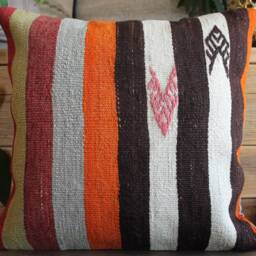 40cm - 16Inch Vintage Boho Kilim Cushion Cover Handwoven - Black White Coloured Stripes - thumbnail 2