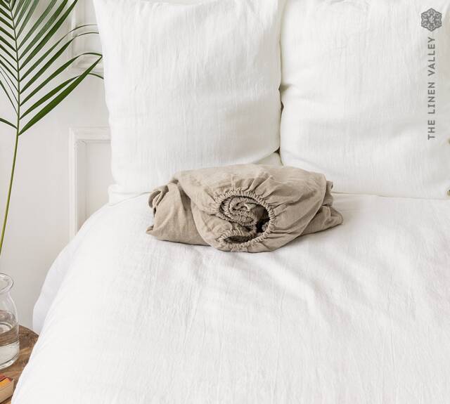Natural Unbleached Linen Fitted Sheet - Softened Eco Friendly Natural Flax Not Dyed Linen-Twin/Double/Queen Size - image 1