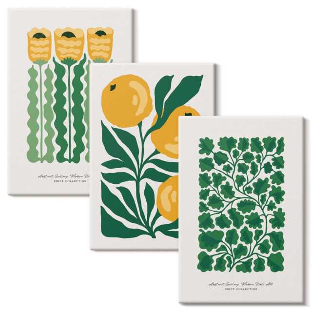 Canvas Wall Art Set Of 3 - Plant Patterns With Flowers & Leaves Posters, Green Photo Print, Plants Decor - image 1