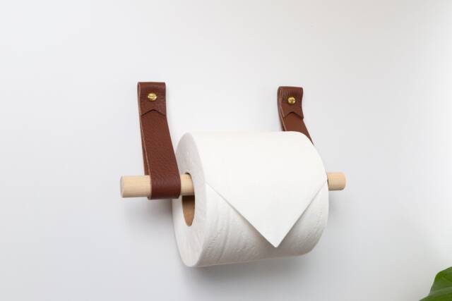 Leather Toilet Paper Holder Kit with Wooden Dowel Walnut Or Birch Minimal Loo Roll Holder Modern Strap Hook Sustainable Bathroom Storage Decor - image 1