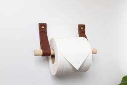 Leather Toilet Paper Holder Kit with Wooden Dowel Walnut Or Birch Minimal Loo Roll Holder Modern Strap Hook Sustainable Bathroom Storage Decor